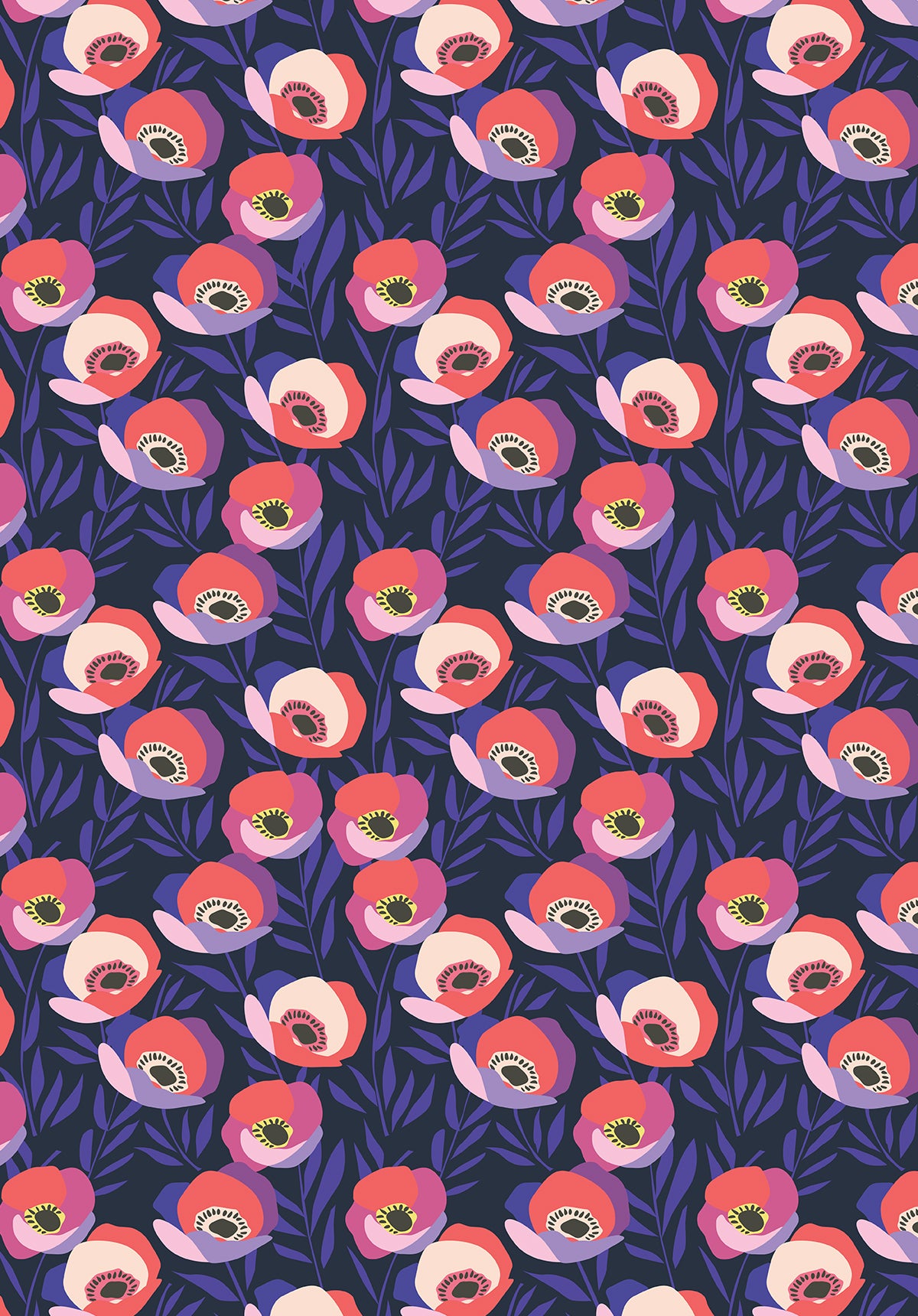 Wrapping paper sheet with vibrant and bold colored flower illustrations on a dark blue background.