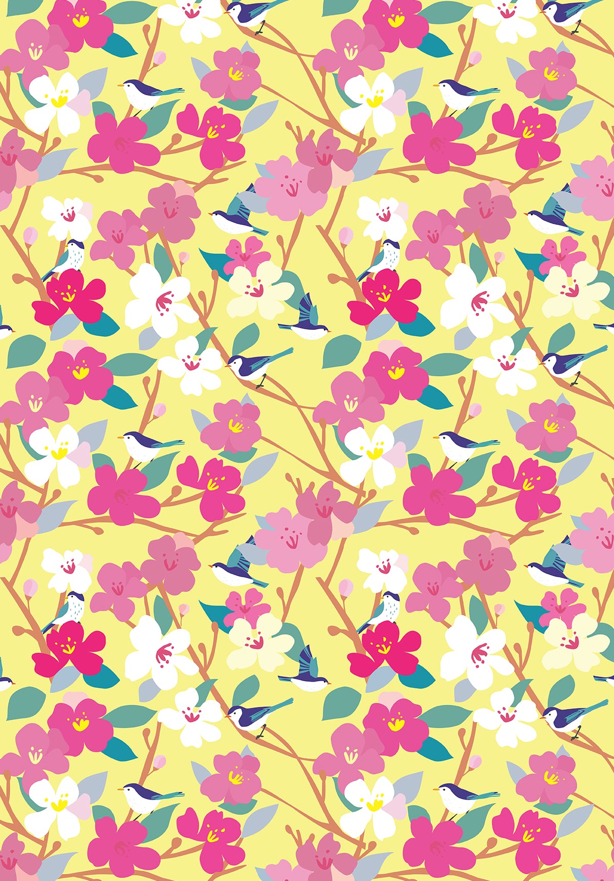 Wrapping paper sheet with flower and bird illustrations on a soft yellow background.