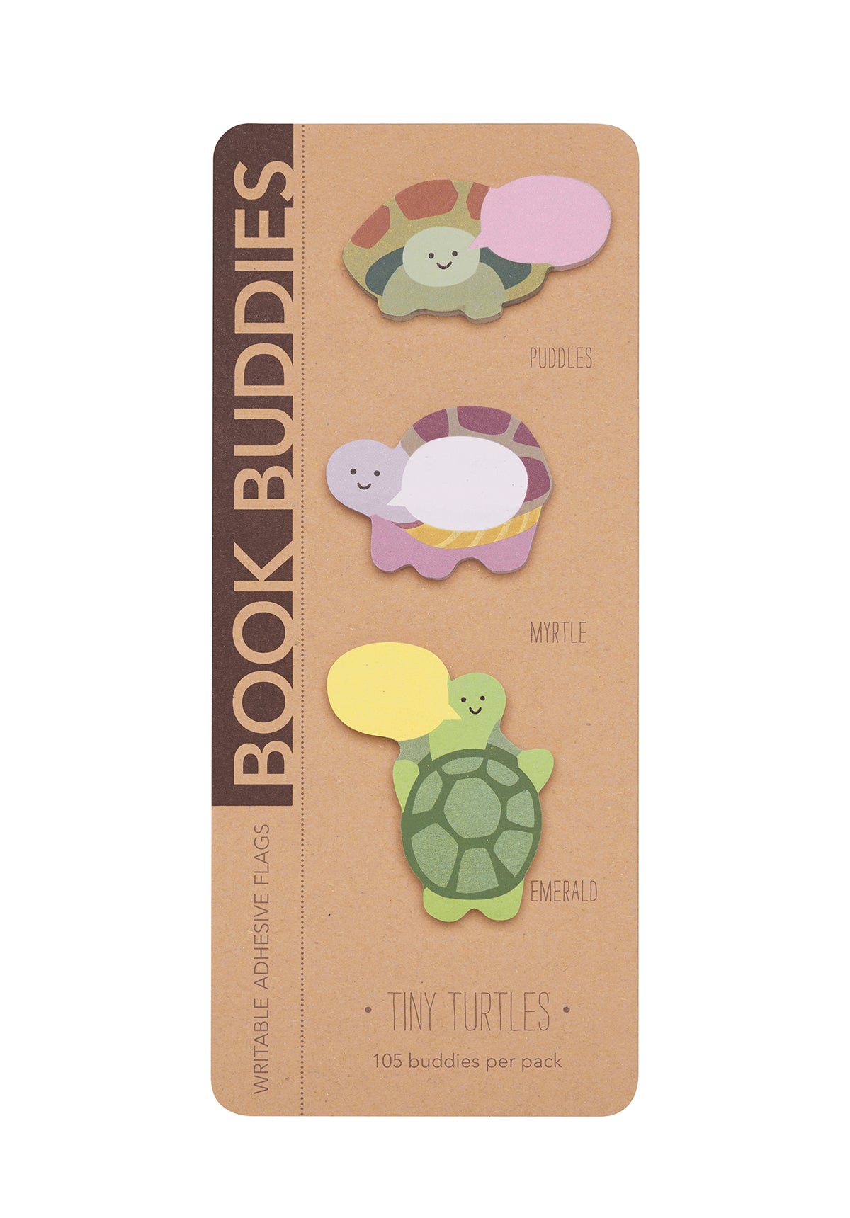 Pack of Book Buddies turtle-shaped bookmarks with a brown cardboard packaging.