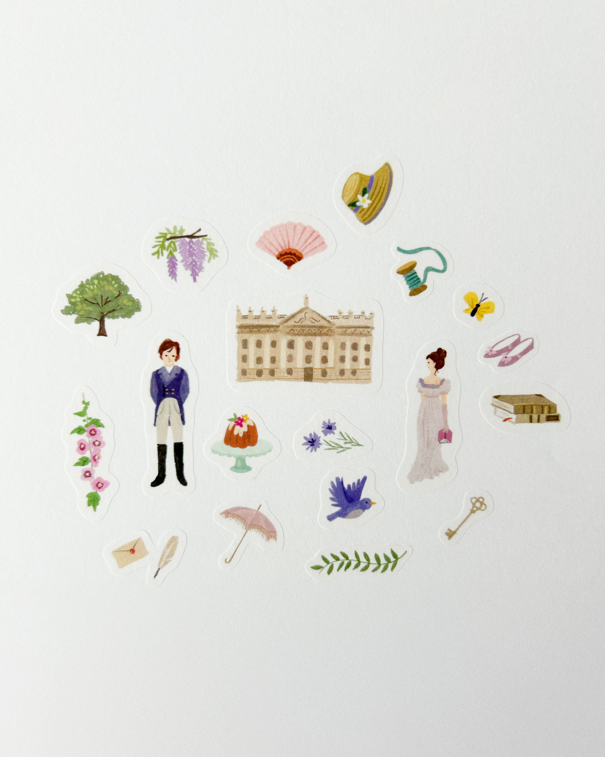 Icon and character stickers inspired by Pride and Prejudice, arranged on a white background.