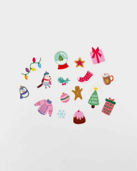 Holiday - themed washi stickers on a white background