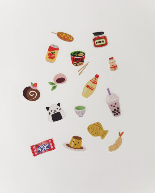 Colorful stickers of Asian snacks and drinks on a white background
