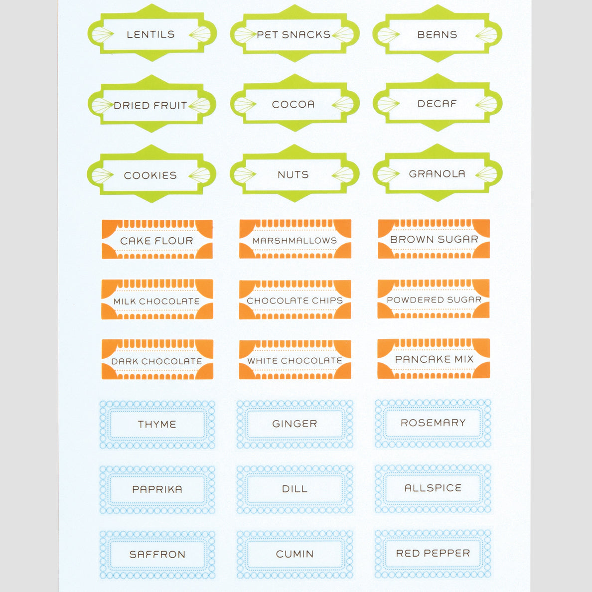 Collection of pantry labels with various food items on a white background