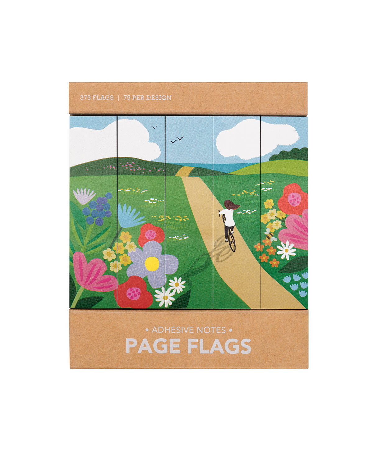 A set of illustrated page flags featuring an image of a woman riding a bike on a path cutting through a field of flowers