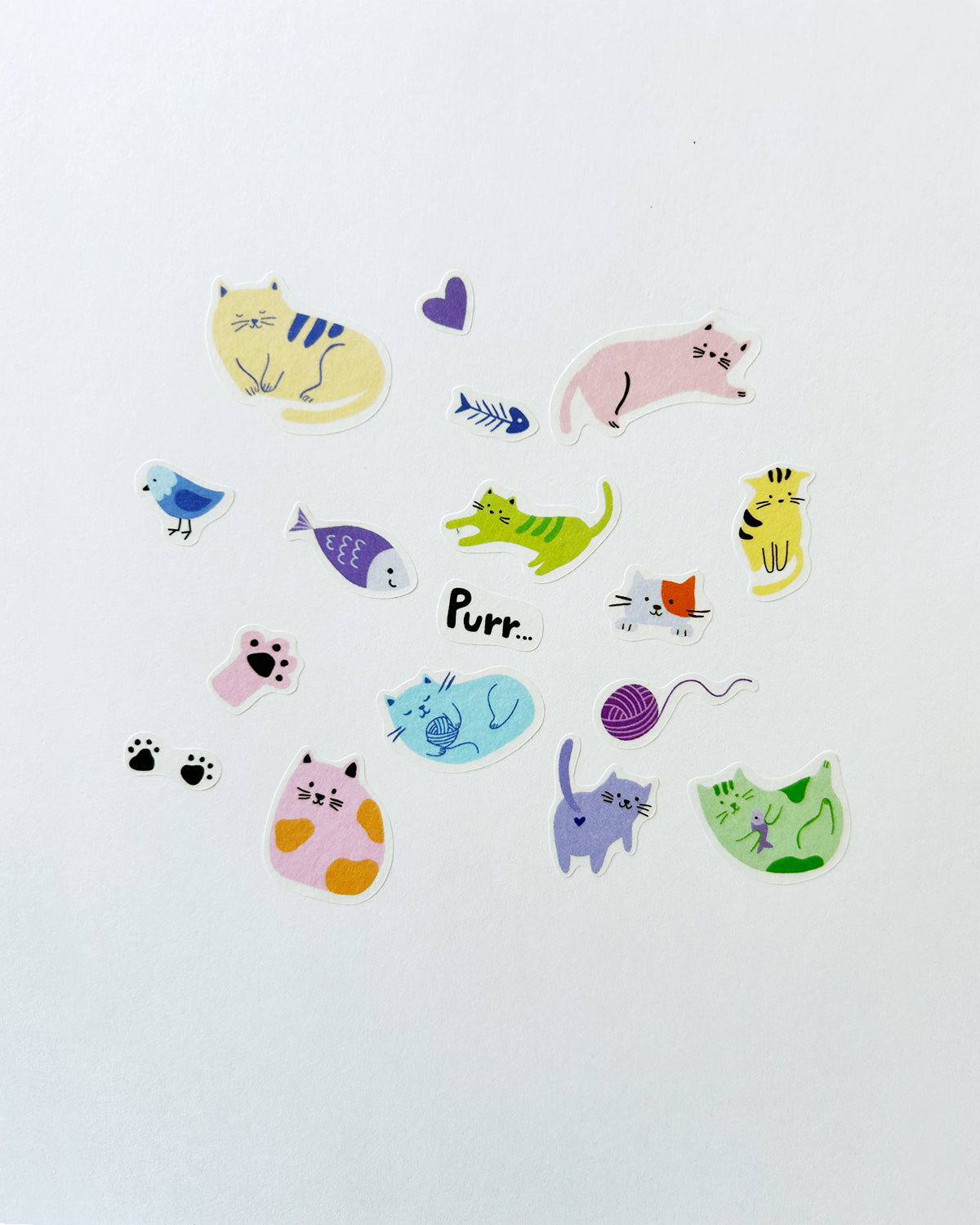 Cat - themed washi stickers on a white background