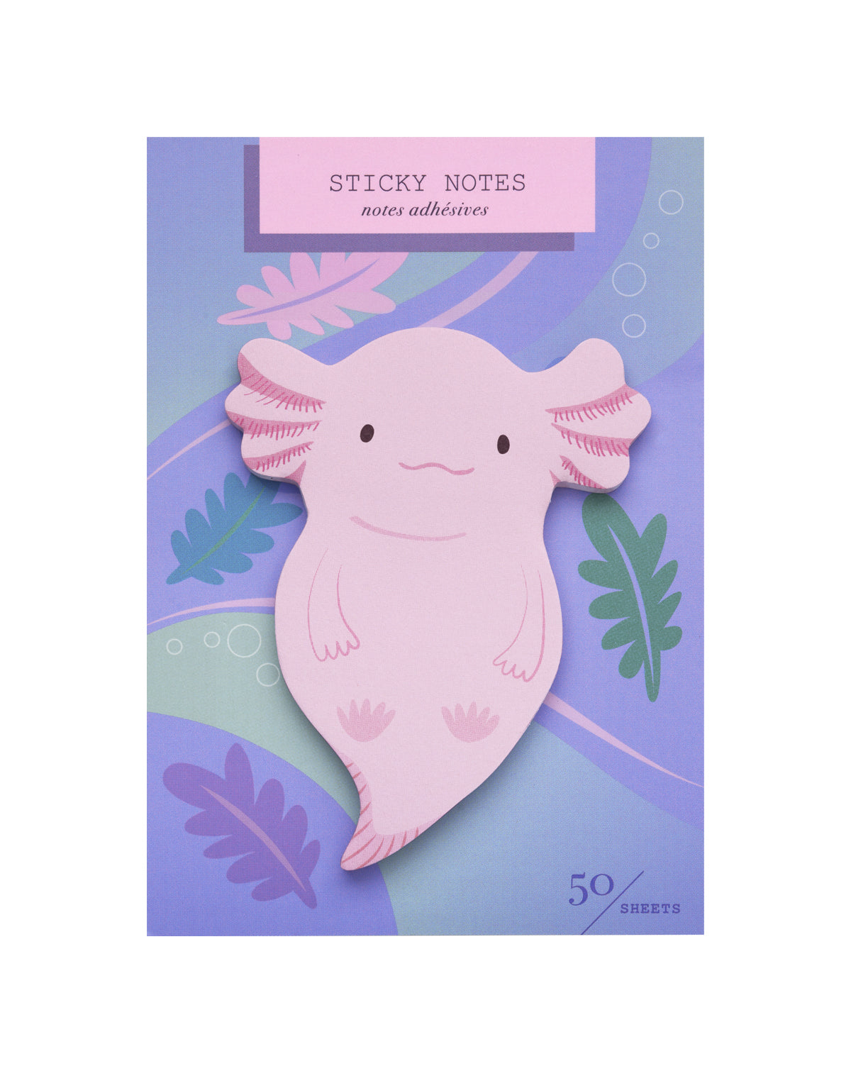 Package of die-cut sticky notes featuring a smiling axolotl on a blue, purple package card