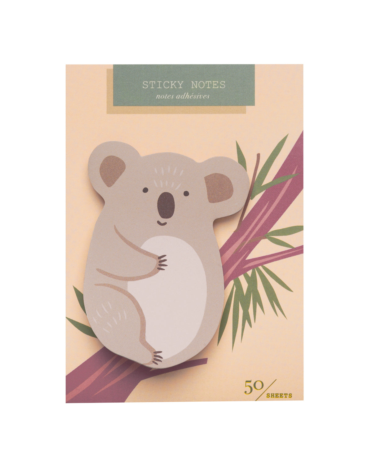 Package of die-cut sticky notes featuring a smiling koala.