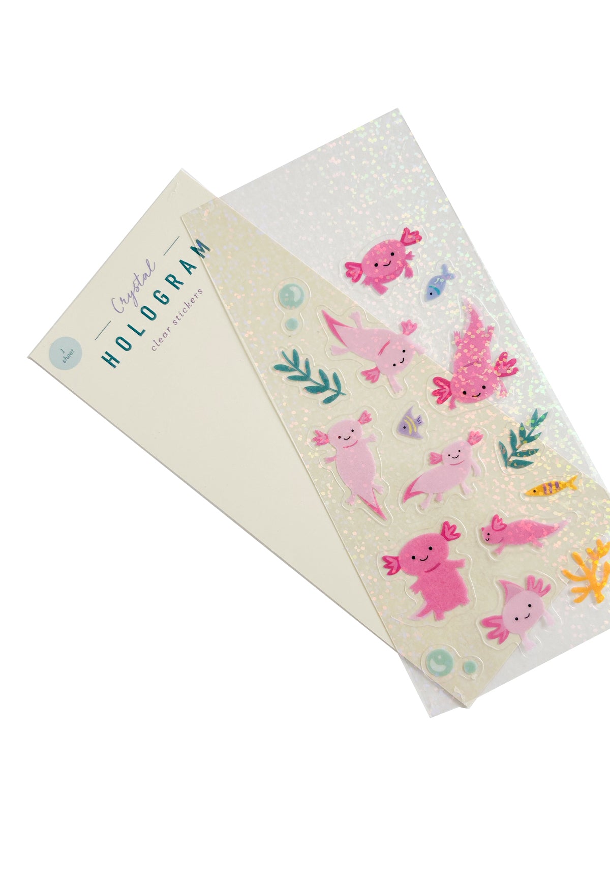 Holographic sticker sheet with axolotl designs fanned out from packaging card to show texture