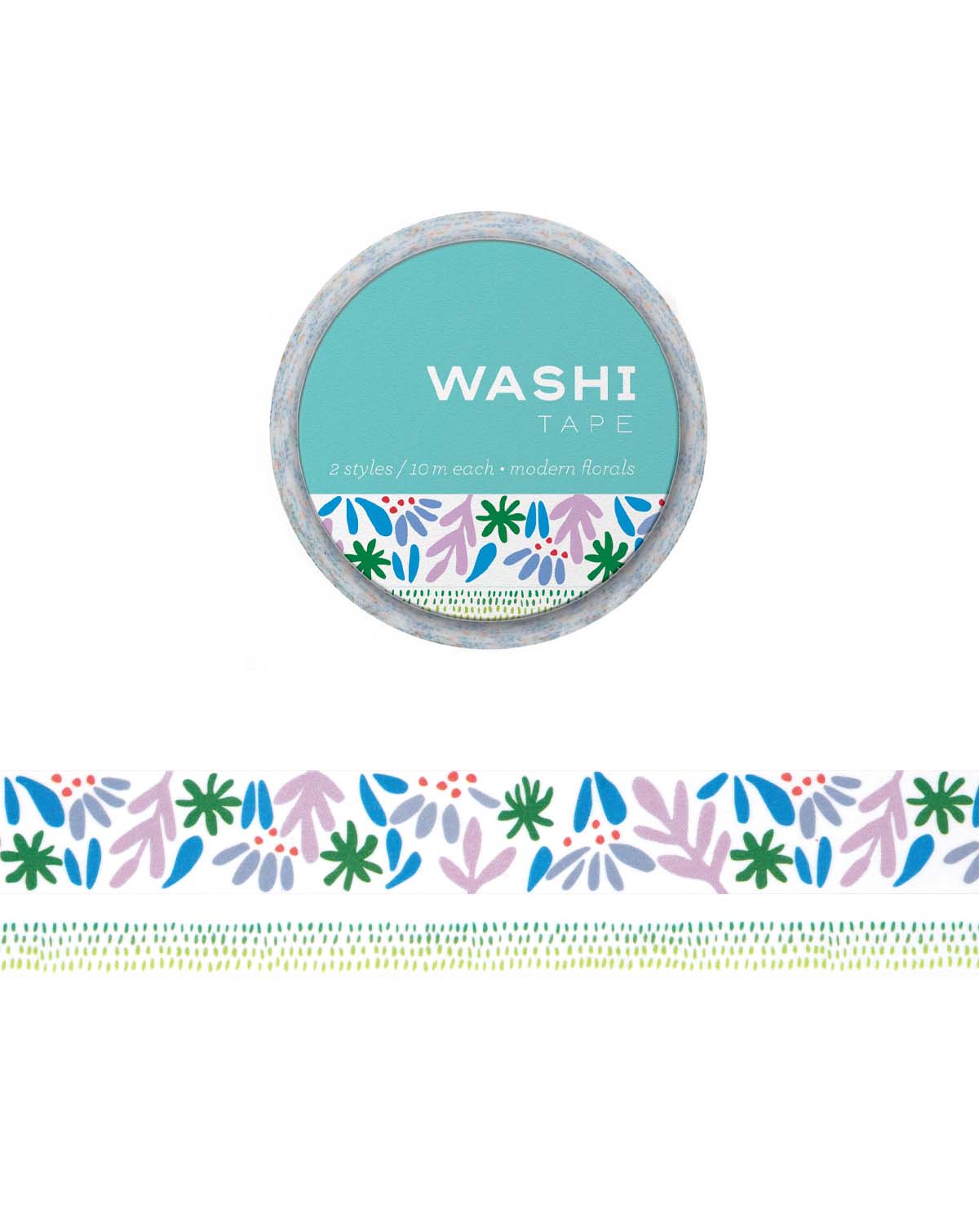 Two washi tapes, one thicker, on thinner with an illustrations of abstract flowers, leaves, and grass. The thicker tape features a colorful abstract pattern of flowers and leaves, while the thinner tape features a grass pattern