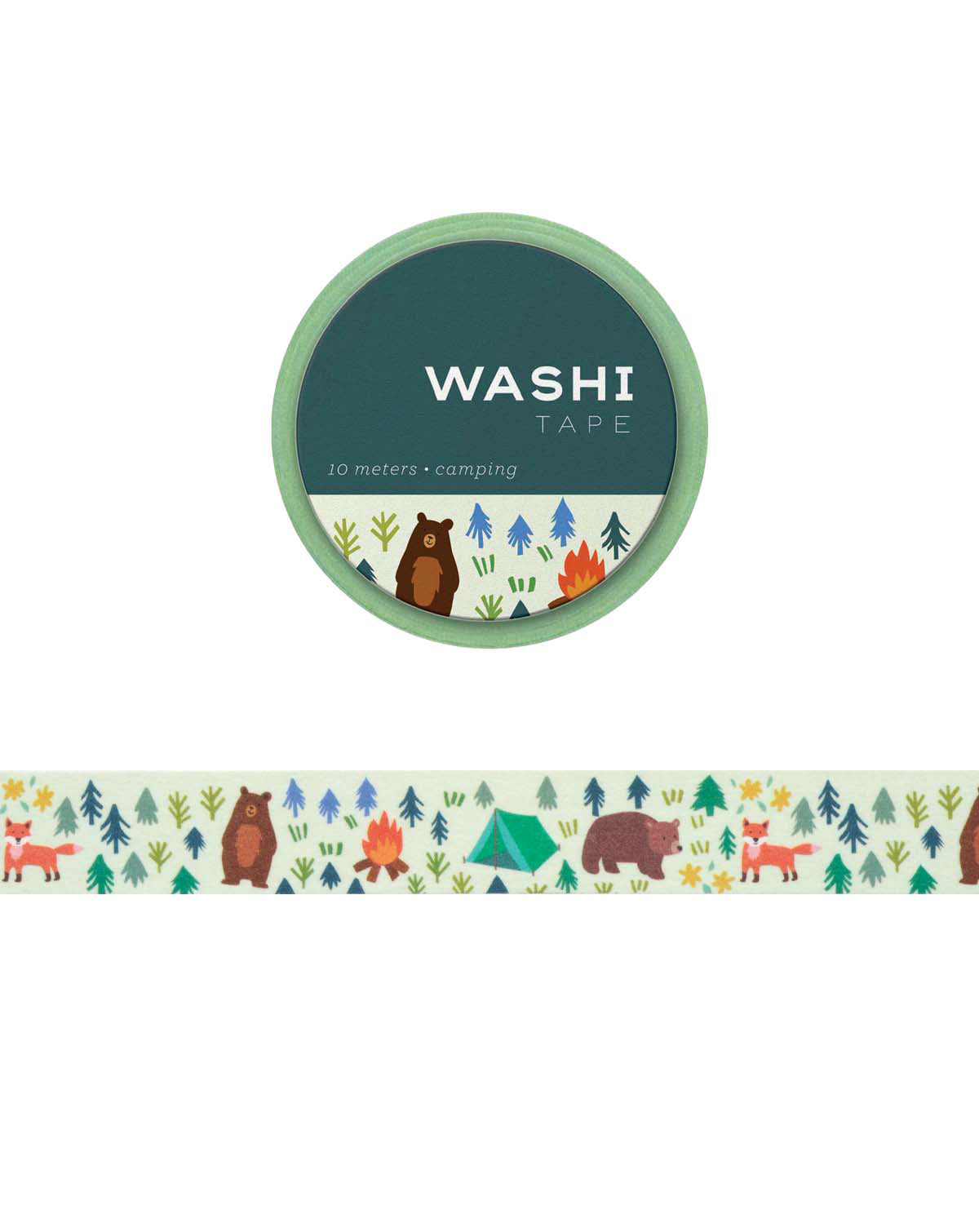 Washi tape with an illustration of bears, forest trees, tents, and foxes
