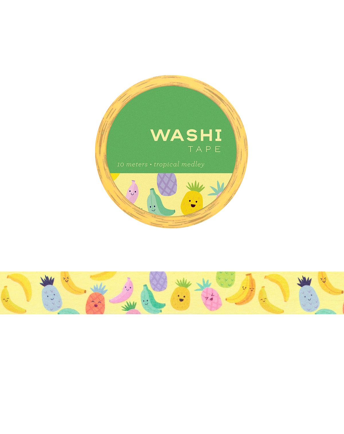 Washi tape with illustrations of various tropical fruits with smiling faces