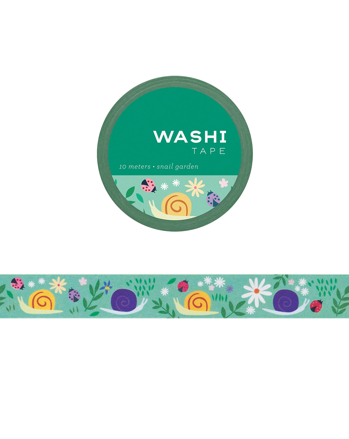 Washi tape with illustrations of various snails, ladybugs, and flowers