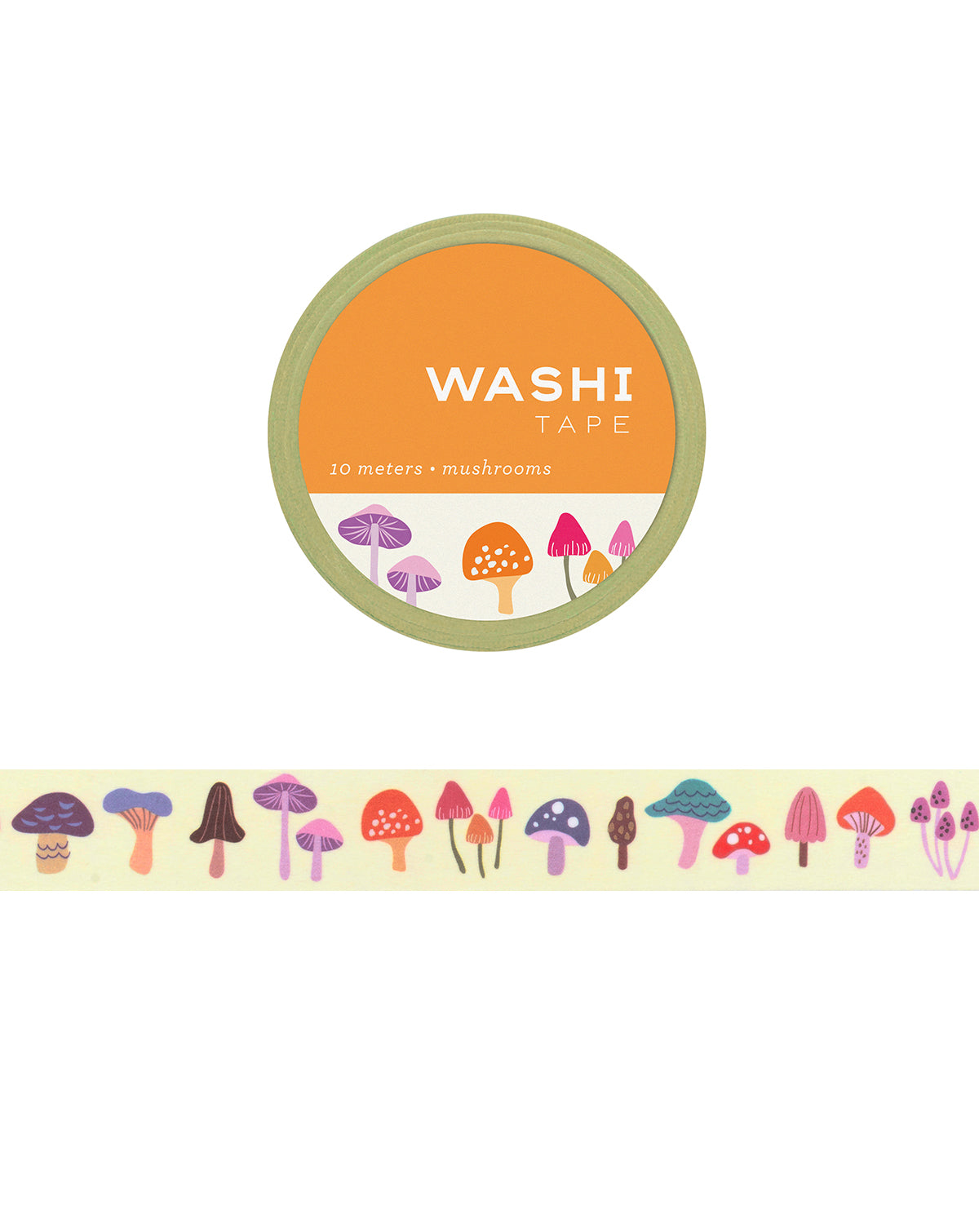 Washi tape with illustrations of various mushrooms on a light yellow backdrop