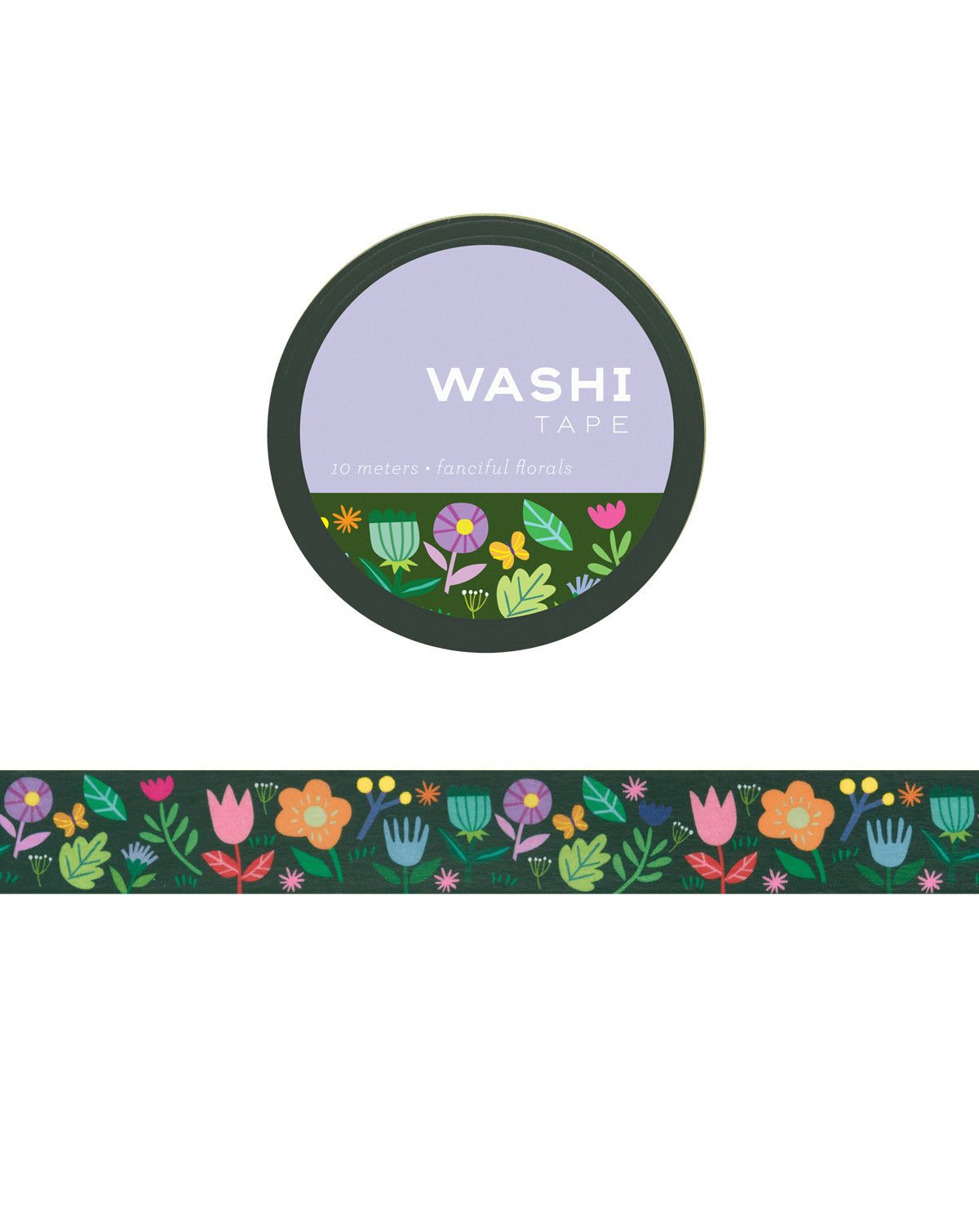 Washi tape with illustrations of various plants and flowers on a dark green backdrop