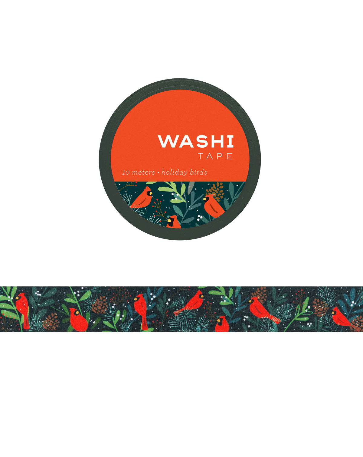 Washi tape with a decorative design of cardinal and foliage on a white background