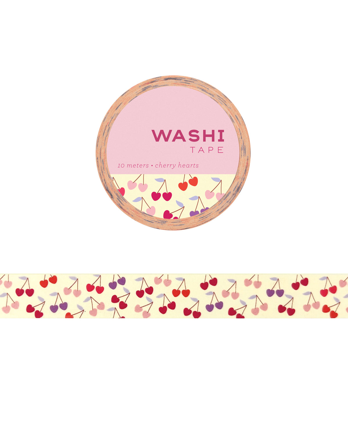 Washi tape with cherry heart design on a white background.