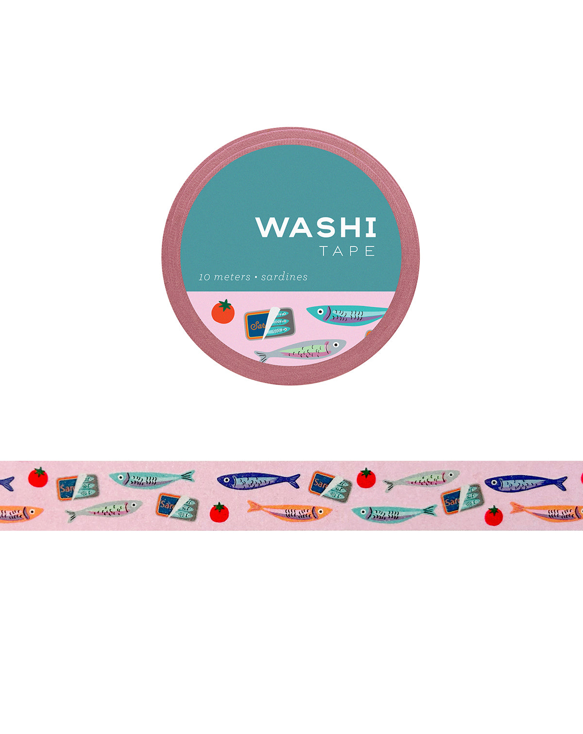 Washi tape featuring stylized sardines, sardine cans, and tomatoes on a pink background