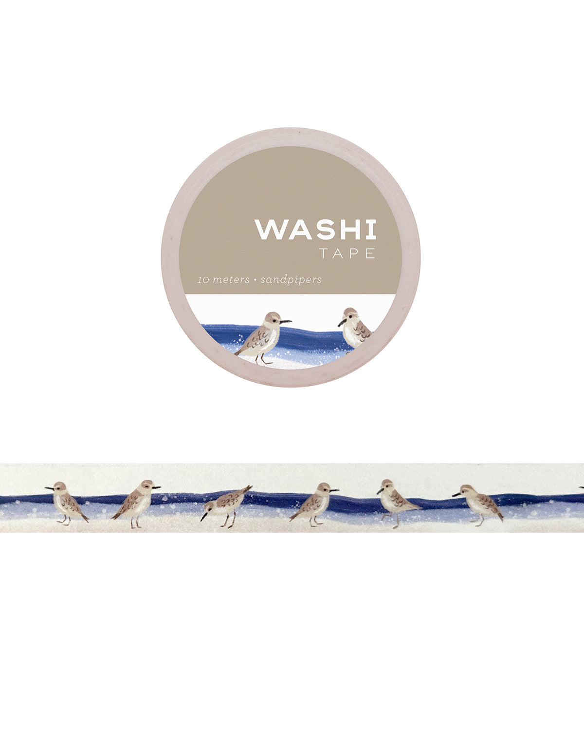 Washi tape featuring sandpipers on the sand with the ocean behind them on a white background