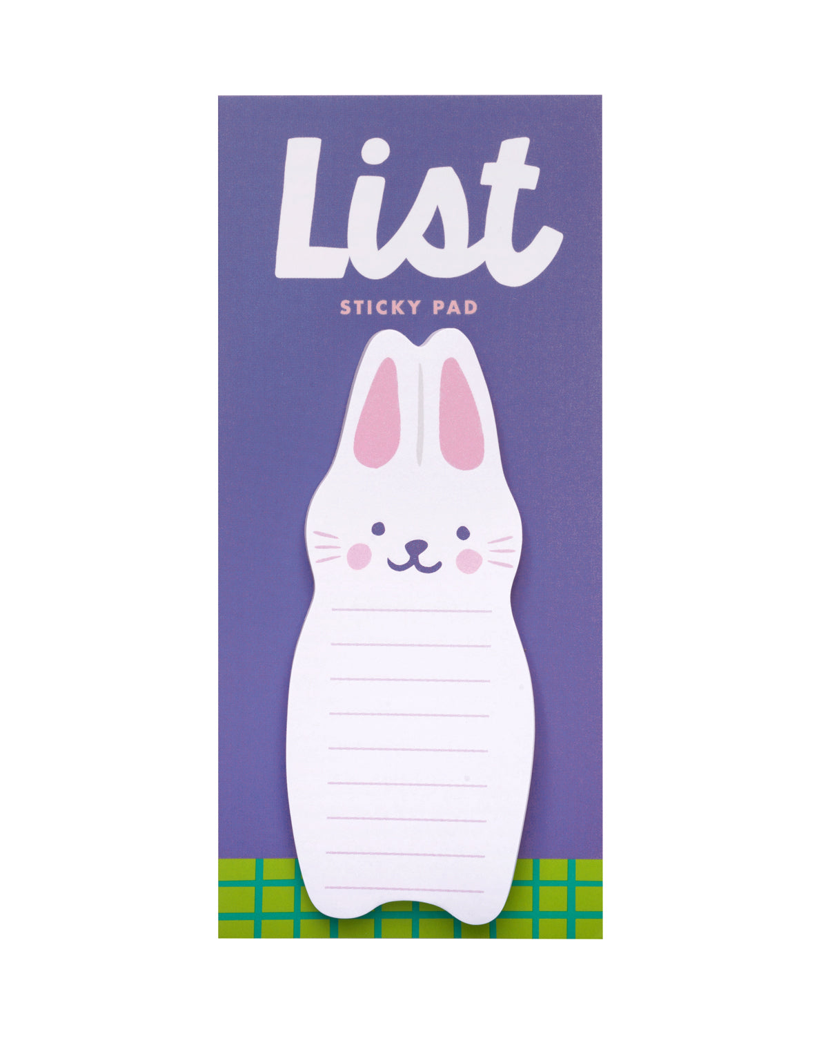 White bunny sticky pad on a blue packaging card background