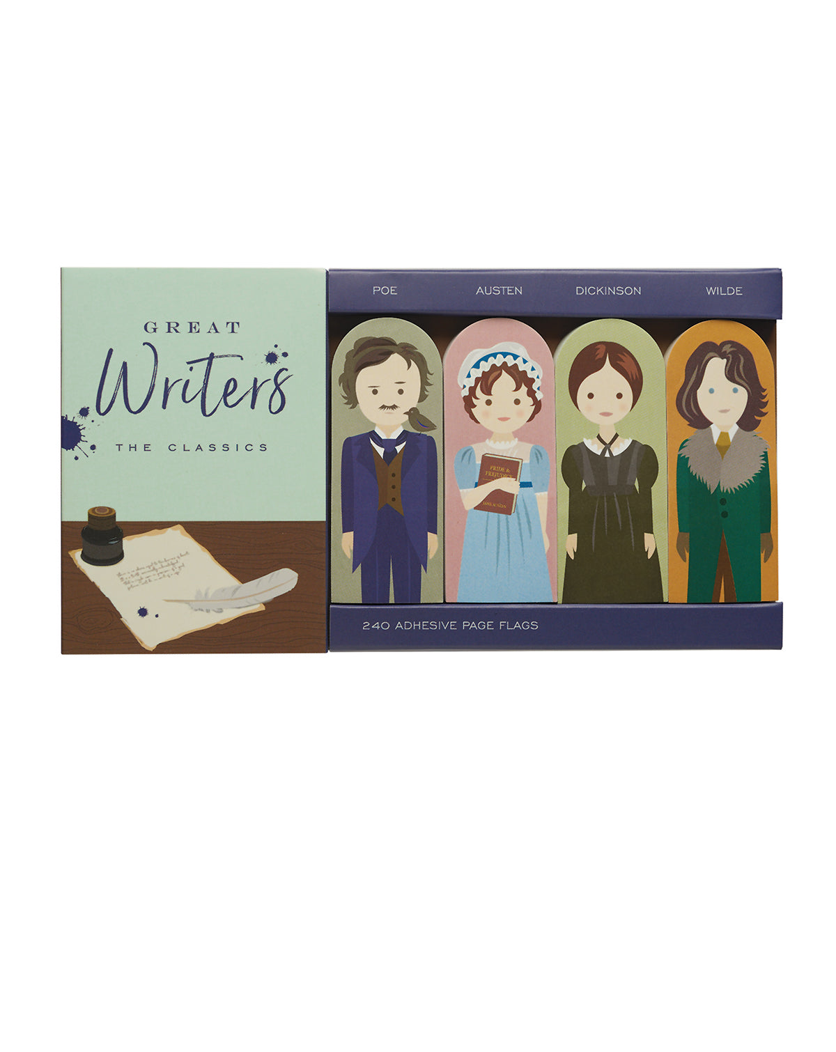 Packaging of 'Great Writers' adhesive page flags with illustrations of famous authors.