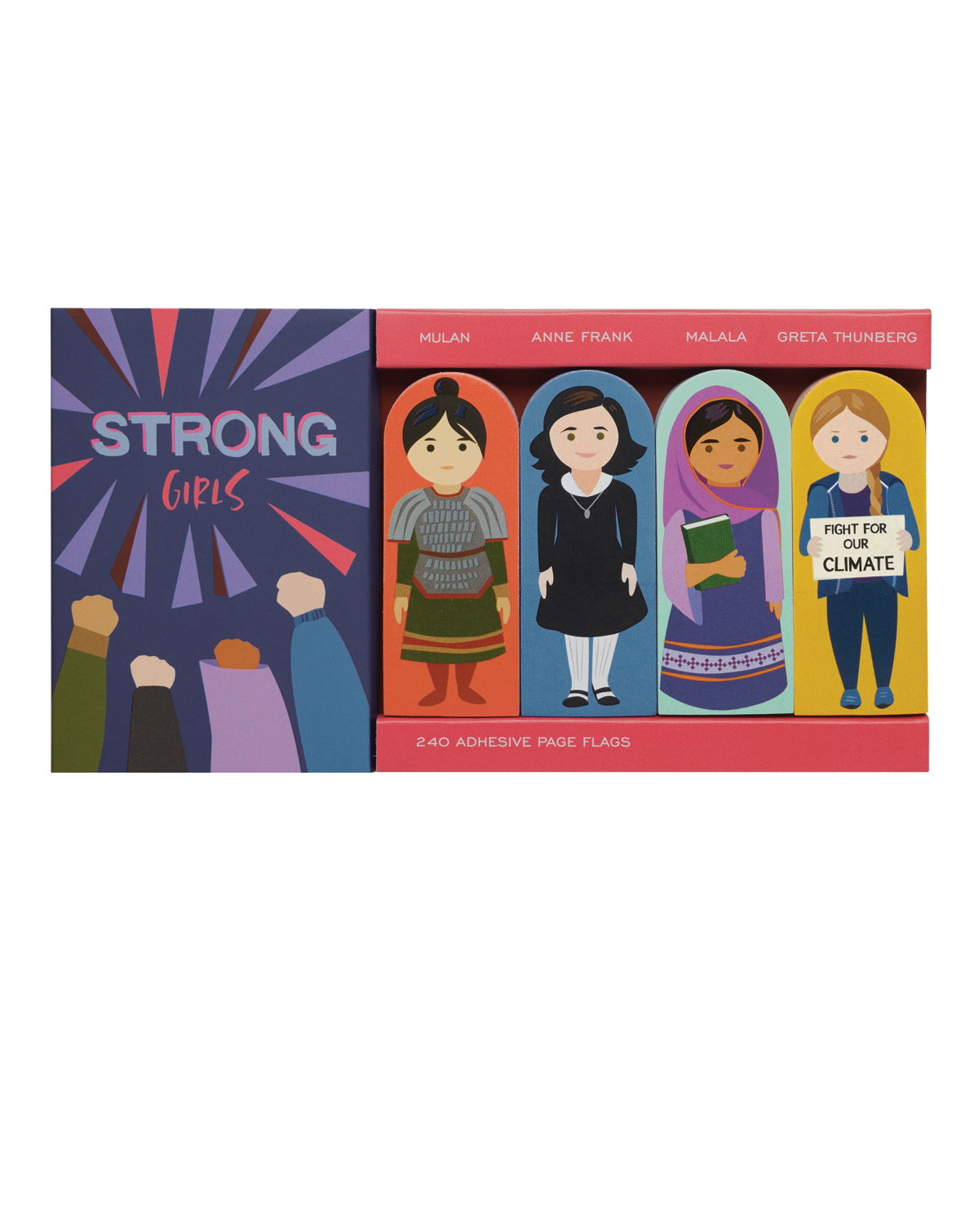 A set of page flags featuring different notable young females throughout history on white background