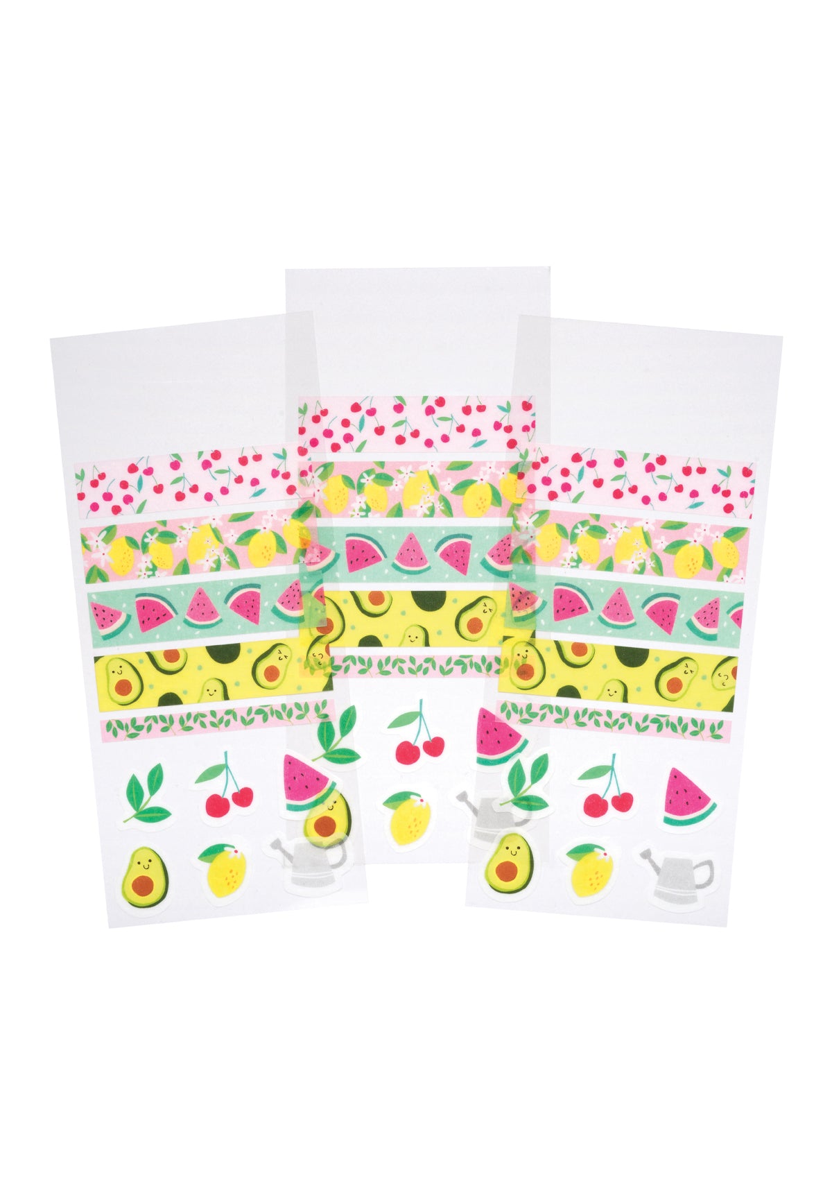 3 sheets of fruit-themed washi strips and stickers on a white background.