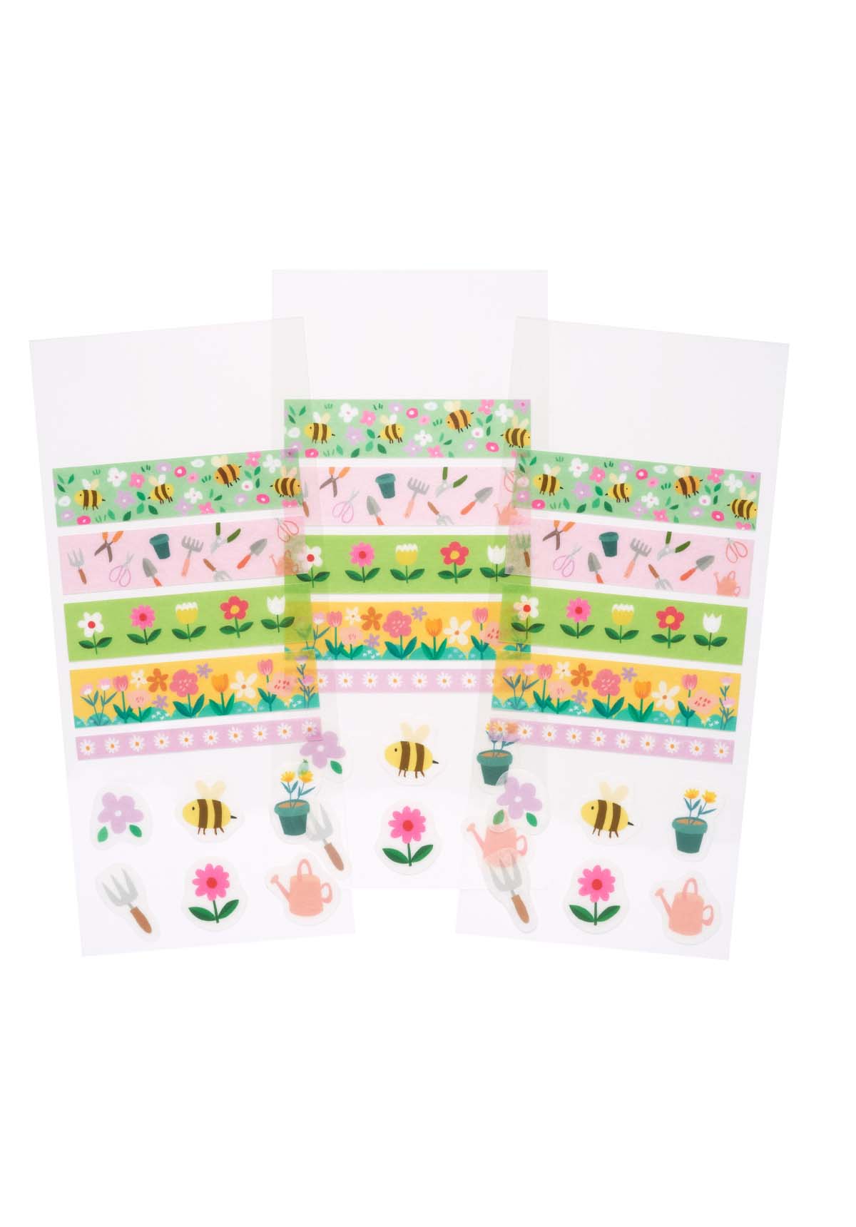 3 sheets of garden-themed washi strips and stickers on a white background.