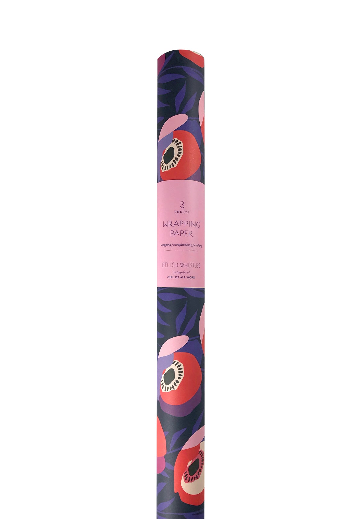 Roll of wrapping paper with vibrant and bold colored flower illustrations on a dark blue background.