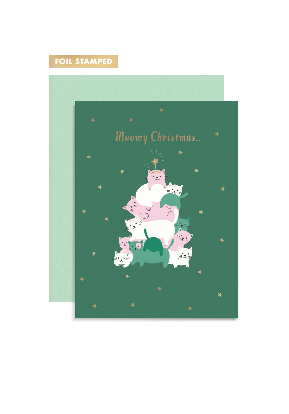 Greeting card with cat illustrations and 'Meowy Christmas' text, foil stamped, paired with a mint green envelope.