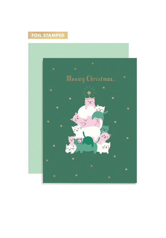 Greeting card with cat illustrations and 'Meowy Christmas' text, foil stamped, paired with a mint green envelope.
