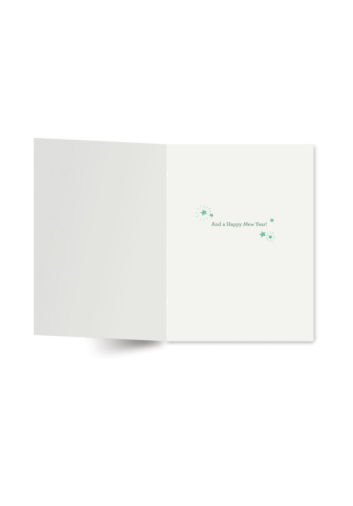 Opened greeting card displaying the message “And a Happy Mew Year!” surrounded by small star illustrations.
