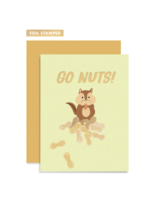 Greeting card with a squirrel illustration and 'GO NUTS!' text, paired with a brown envelope.