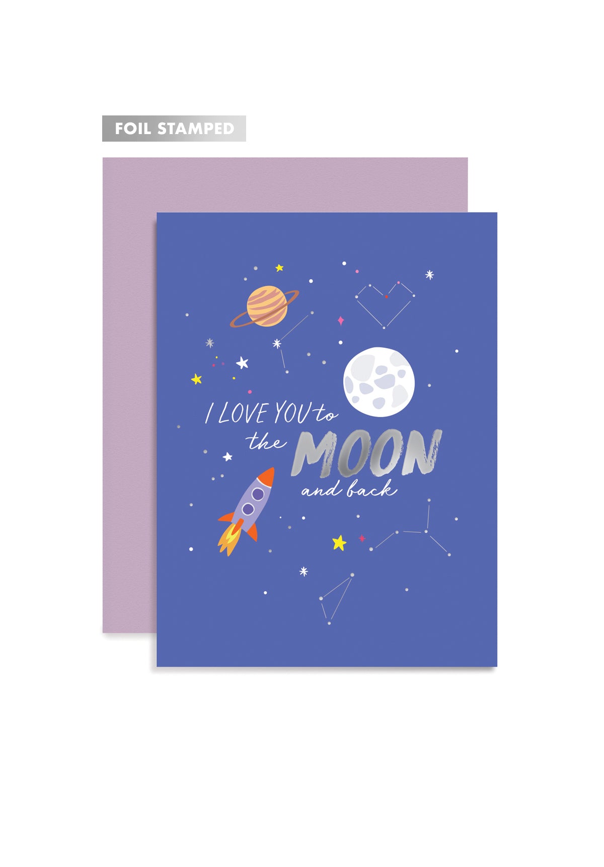 Greeting card with space-themed design and 'I love you to the moon and back' text, with a purple envelope.