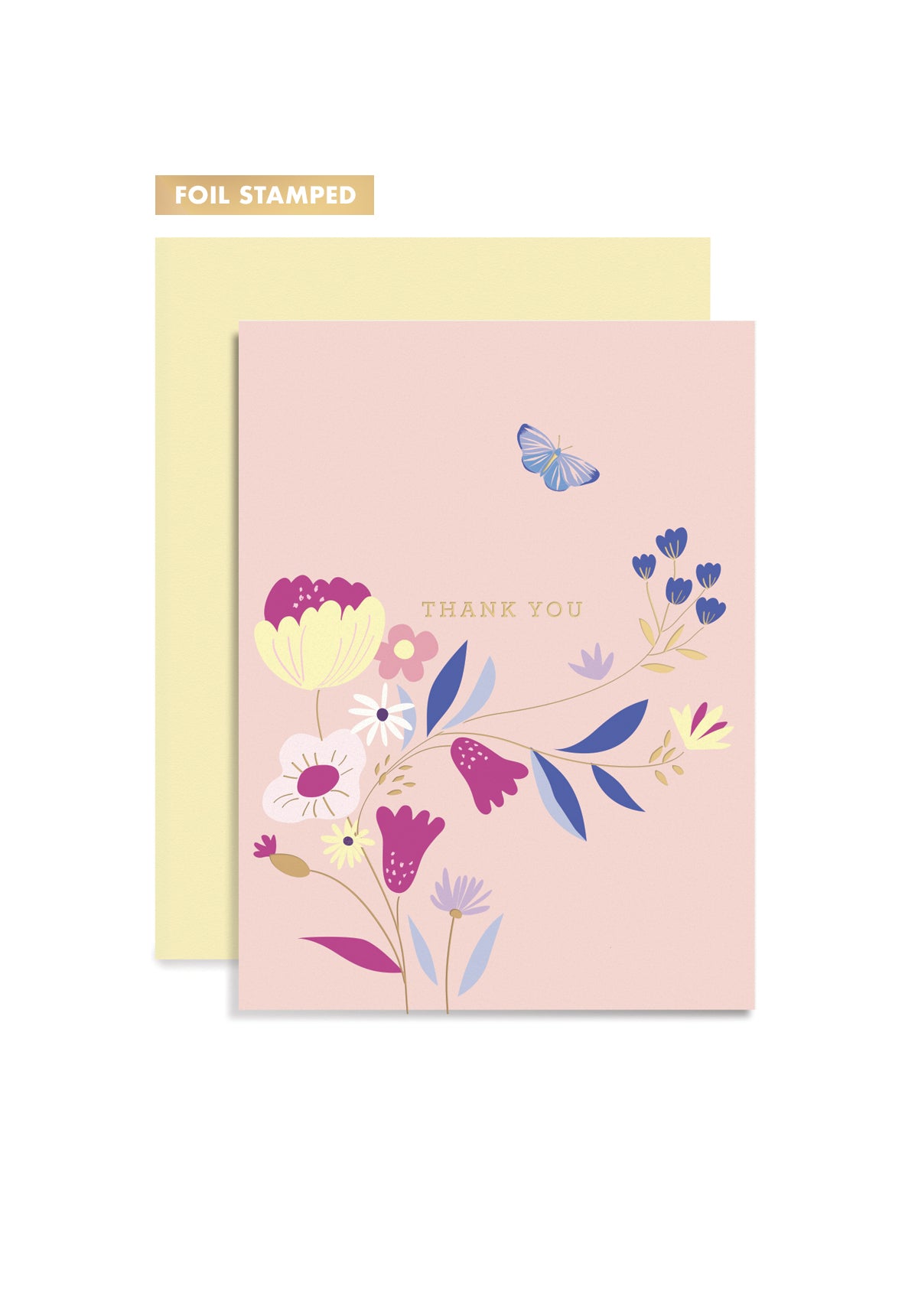Foil stamped card with floral design and 'Thank You' text on a pink background, paired with a soft yellow envelope. 