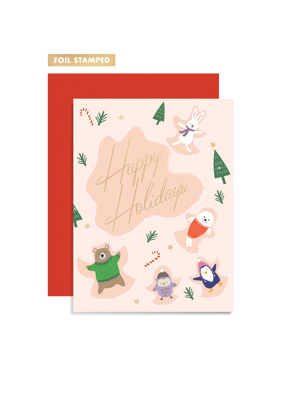 Greeting card with cute animal illustration and 'Happy Holidays' text, foil stamped,  paired with a red envelope.