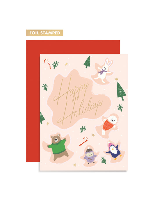 Greeting card with cute animal illustration and 'Happy Holidays' text, foil stamped,  paired with a red envelope.