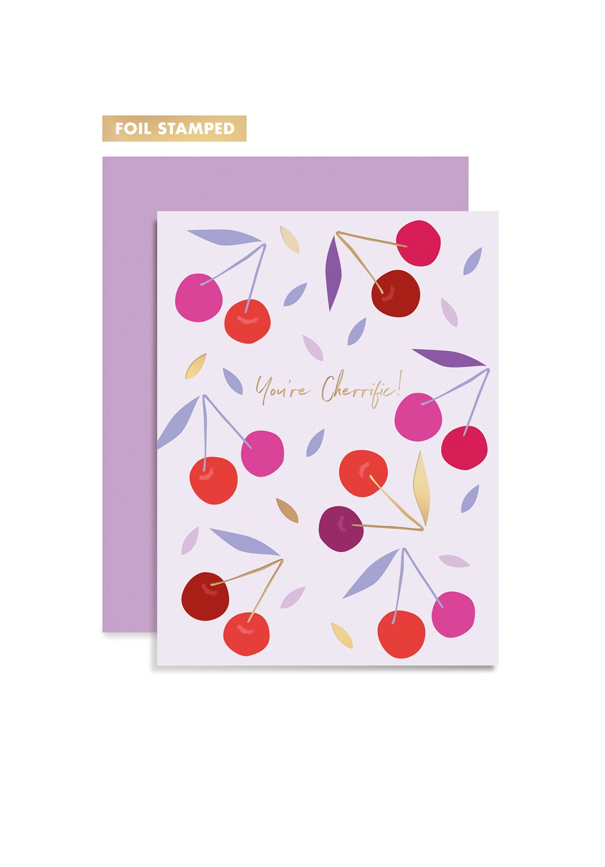 Foil stamped card with cherry design and purple envelope on white background