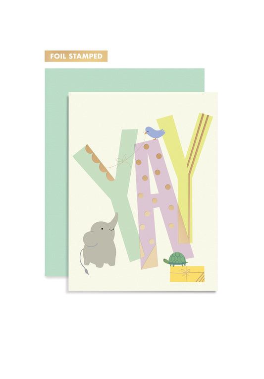 Gold foil stamped card with colorful letters and small illustrations of animals, paired with a mint green envelope. 