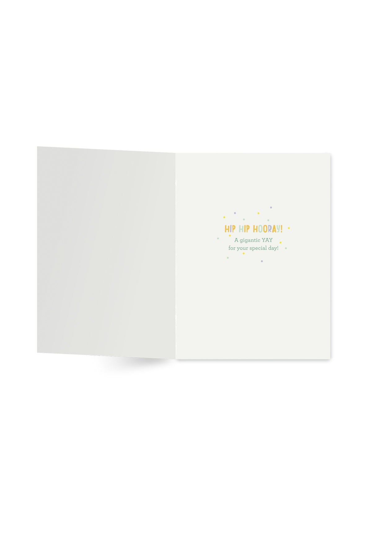 Inside of greeting card showing colorful text with messages including "Hip Hip Hooray! A gigantic YAY for your special day! ". 