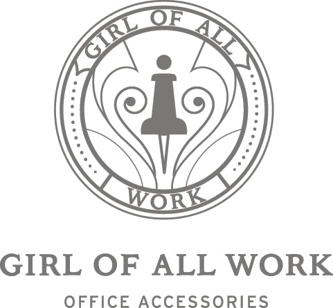 Logo of 'Girl of All Work' with a stylized figure simulating a thumbtack and decorative elements on a white background.