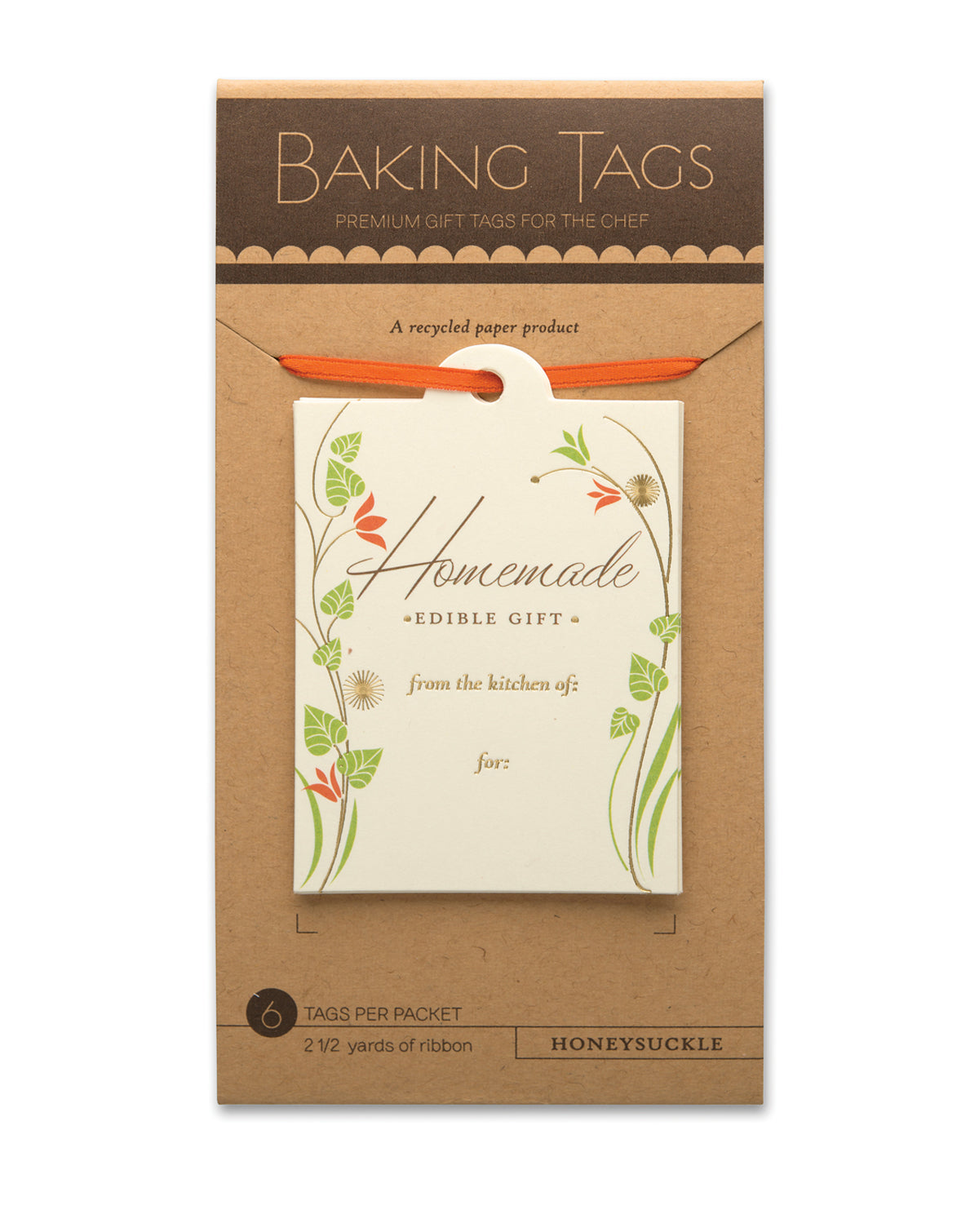 Baking tags with foil stamped designs, packaged on a brown paper card with an orange ribbon included. 