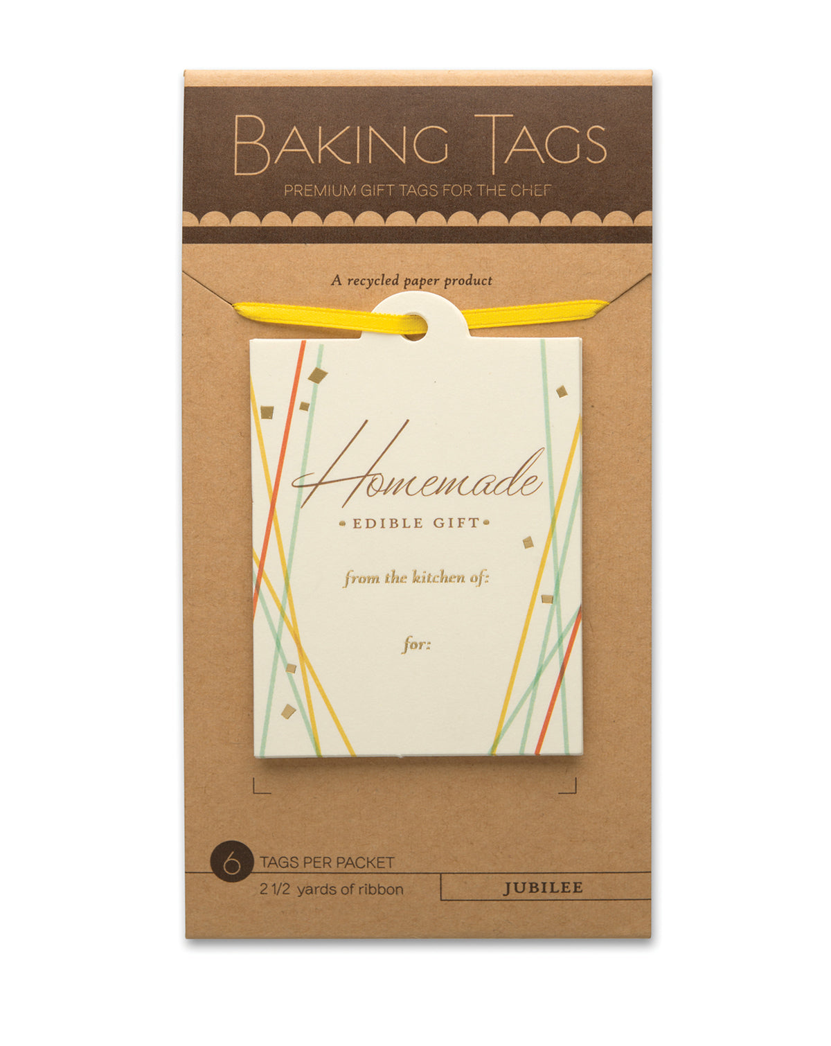 Baking tags with foil stamped designs, packaged on a brown paper card with a yellow ribbon included. 