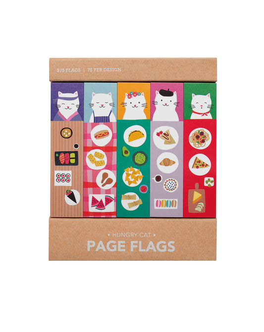 Set of 'Hungry Cat' page flags with colorful designs of cats dining on food on a white background