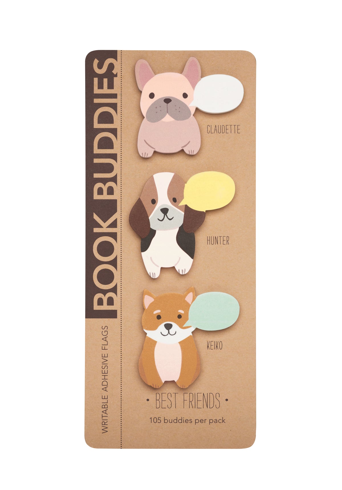 Bookmark Buddies writable adhesive flags featuring three illustrated dogs with speech bubbles on kraft-style packaging