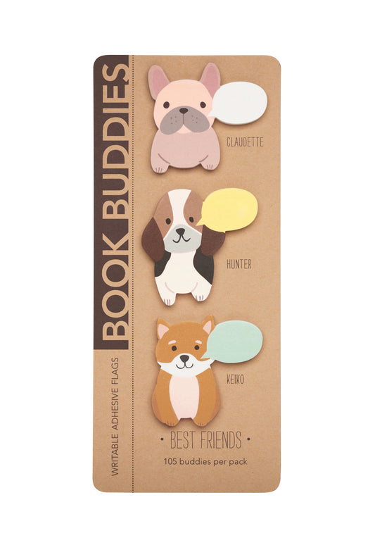 Bookmark Buddies writable adhesive flags featuring three illustrated dogs with speech bubbles on kraft-style packaging