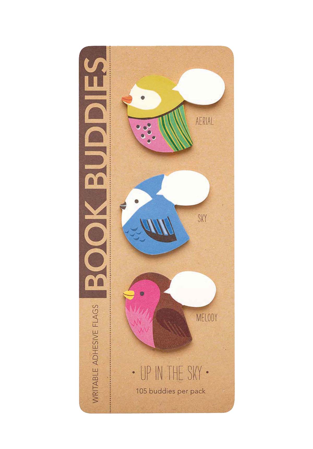 Pack of Book Buddies with bird-shaped bookmarks on a brown card.