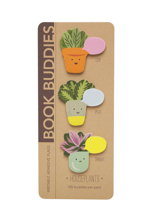 Pack of Book Buddies with houseplant-shaped bookmarks on a brown card.