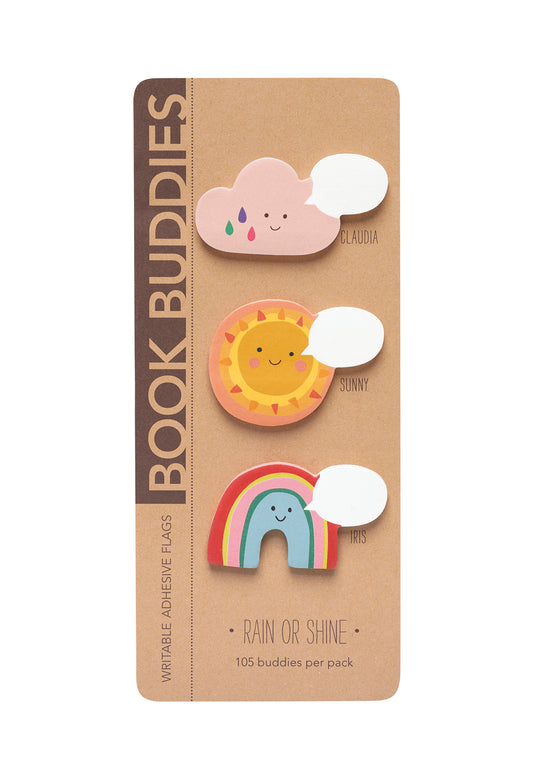 Pack of colorful book buddies with cloud, sun, and rainbow designs on a brown cardboard backing.