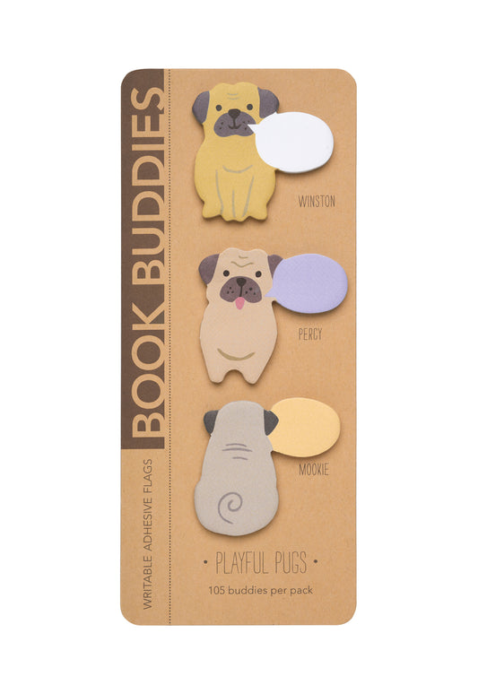 Pack of Book Buddies with pug-shaped bookmarks on a brown card.