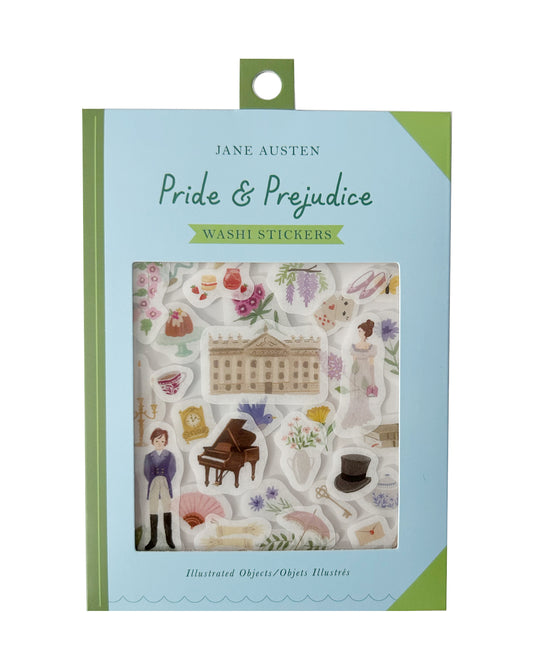 Pride and Prejudice washi stickers in a soft blue and green package with a window showing the stickers inside. 